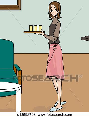 Woman holding a tray with glasses in living room, side view, Illustrative Technique View Large Illustration Stock Illustration - Woman holding a tray with glasses in living room, side view, Illustrative Technique. Fotosearch