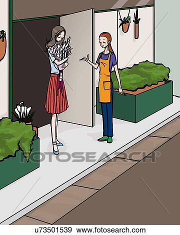 Woman holding bunch of flowers talking with female clerk in flower shop, side view, front view, Illustrative Technique View Large Illustration Stock Illustration - Woman holding bunch of flowers talking with female clerk in flower shop, side view, front view, Illustrative Technique. Fotosearch