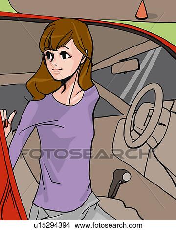 Woman in a car looking back and smiling, front view, Illustrative Technique View Large Illustration Stock Illustration - Woman in a car looking back and smiling, front view, Illustrative Technique. Fotosearch