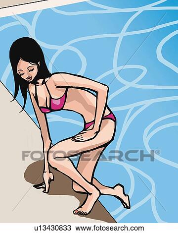 Drawing - Woman in bathing suit at poolside, high angle view, Illustrative Technique. Fotosearch