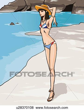 Woman in bathing suit standing on the beach, side view, Illustrative Technique View Large Illustration Stock Illustration - Woman in bathing suit standing on the beach, side view, Illustrative Technique. Fotosearch