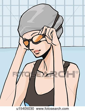 Clipart - Woman in bathing suit wearing swimming goggles, front view, Illustrative Technique. Fotosearch