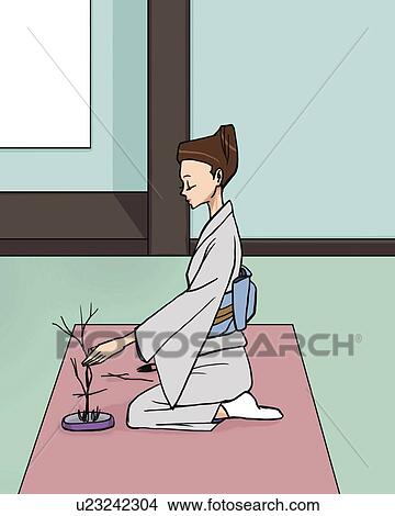 Woman in Kimono performing Japanese flower arrangement, side view, Illustrative Technique View Large Illustration Stock Illustration - Woman in Kimono performing Japanese flower arrangement, side view, Illustrative Technique. Fotosearch