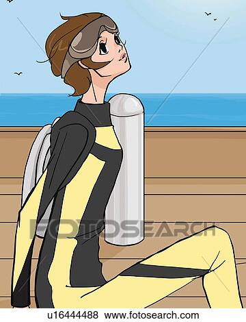 Stock Illustration - Woman in scuba gear looking up at the sky on boat, side view, Illustrative Technique. Fotosearch