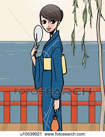 Clip Art - Woman in Yukata holding a Japanese fan, side view, Illustrative Technique. Fotosearch