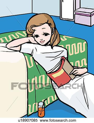 Stock Illustration - Woman leaning on bed and holding a book in bedroom, front view, Illustrative Technique. Fotosearch