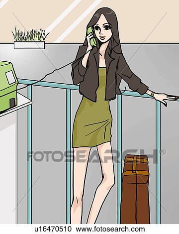 Clipart - Woman leaning on railing and using a public phone, front view, Illustrative Technique. Fotosearch