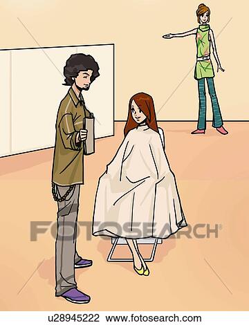 Drawing - Woman looking at the mirror man holding in salon, front view, side view, Illustrative Technique. Fotosearch