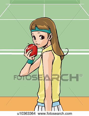 Stock Illustration - Woman looking back and eating an apple at tennis court, side view, Illustrative Technique. Fotosearch