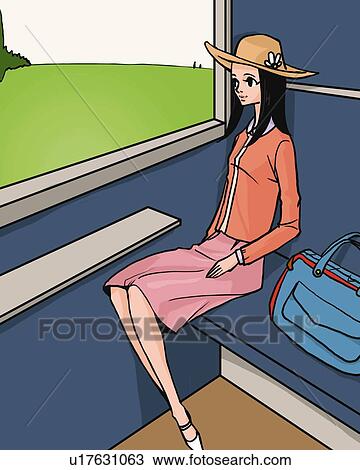 Woman looking outside through the window on a train, side view, Illustrative Technique View Large Illustration Drawing - Woman looking outside through the window on a train, side view, Illustrative Technique. Fotosearch