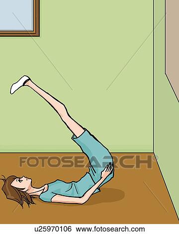 Stock Illustration - Woman lying on floor and stretching, side view, Illustrative Technique. Fotosearch