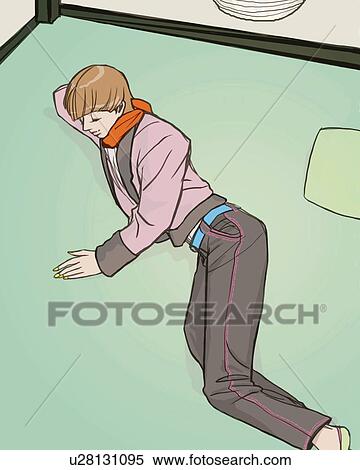 Stock Illustration - Woman lying on floor, high angle view, Illustrative Technique. Fotosearch