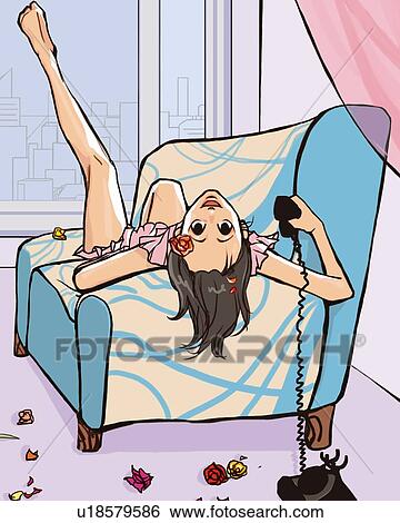 Stock Illustration - Woman lying on sofa and holding phone receiver, front view, Illustrative Technique. Fotosearch