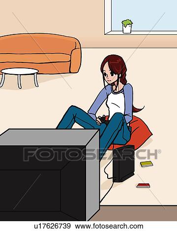 Woman playing video game in living room, sitting on cushion, high angle view, Illustrative Technique View Large Illustration Stock Illustration - Woman playing video game in living room, sitting on cushion, high angle view, Illustrative Technique. Fotosearch