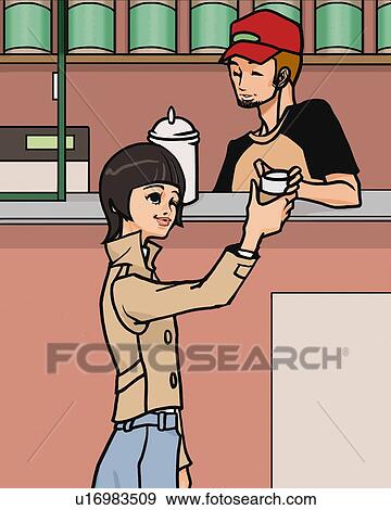 Woman receiving a cup of coffee from a man in coffee shop, front view, side view, Illustrative Technique View Large Illustration Stock Illustration - Woman receiving a cup of coffee from a man in coffee shop, front view, side view, Illustrative Technique. Fotosearch