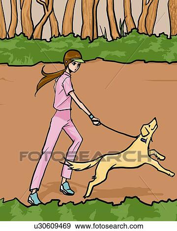 Stock Illustration - Woman running with a dog, side view, Illustrative Technique. Fotosearch