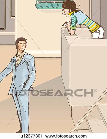 Clip Art - Woman seeing off a man going to work on deck, side view, Illustrative Technique. Fotosearch