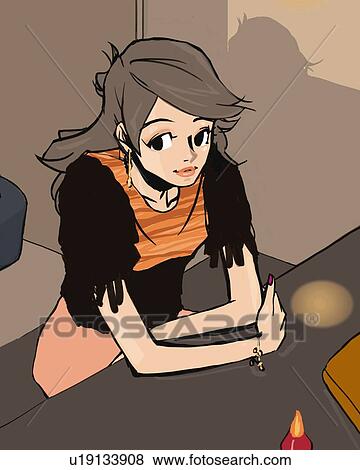 Woman sitting at the counter in a bar, high angle view, Illustrative Technique View Large Illustration Stock Illustration - Woman sitting at the counter in a bar, high angle view, Illustrative Technique. Fotosearch