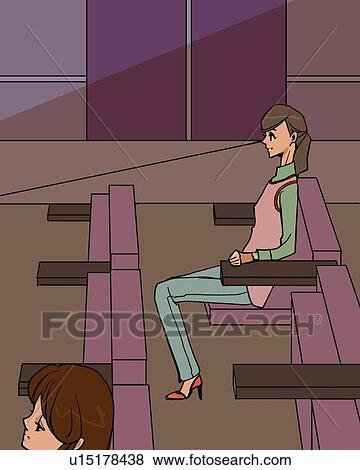 Woman sitting on a seat in a theater, side view, Illustrative Technique View Large Illustration Stock Illustration - Woman sitting on a seat in a theater, side view, Illustrative Technique. Fotosearch