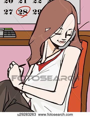 Drawing - Woman sitting on chair and using a mobile phone, side view, Illustrative Technique. Fotosearch