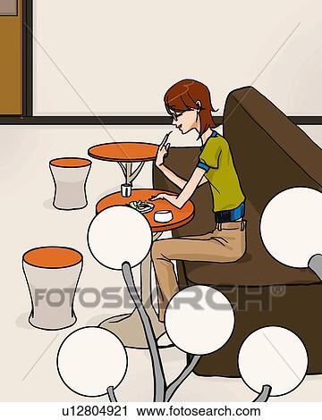 Clip Art - Woman sitting on couch in cafe, side view, Illustrative Technique. Fotosearch