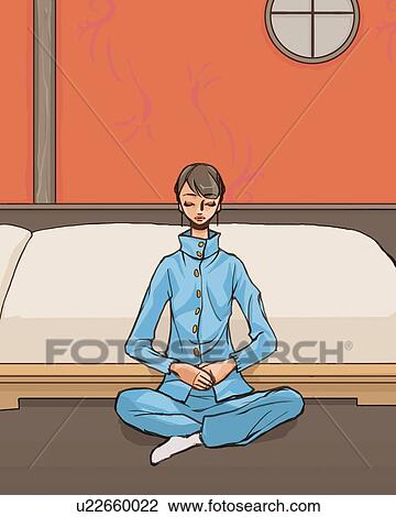 Woman sitting on floor and meditating in bedroom, front view, Illustrative Technique View Large Illustration Drawing - Woman sitting on floor and meditating in bedroom, front view, Illustrative Technique. Fotosearch