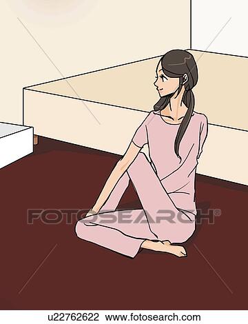 Drawing - Woman sitting on floor and stretching in bedroom, front view, Illustrative Technique. Fotosearch