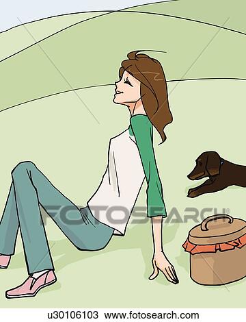 Woman sitting on grass with a dog, side view, Illustrative Technique View Large Illustration Drawing - Woman sitting on grass with a dog, side view, Illustrative Technique. Fotosearch
