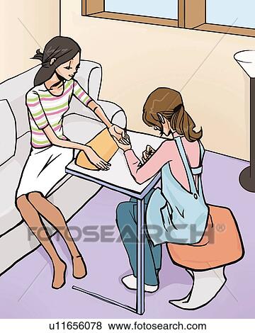 Woman sitting on sofa and having a nail manicure in a nail salon, high angle view, Illustrative Technique View Large Illustration Stock Illustration - Woman sitting on sofa and having a nail manicure in a nail salon, high angle view, Illustrative Technique. Fotosearch