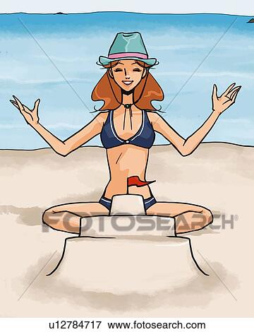 Stock Illustration - Woman sitting on the beach and building sand castle, front view, Illustrative Technique. Fotosearch
