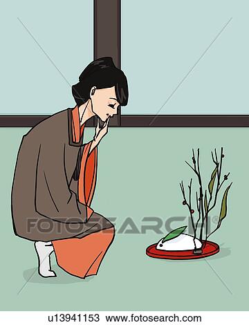 Woman smiling and looking at a snow rabbit on tray, side view, Illustrative Technique View Large Illustration Drawing - Woman smiling and looking at a snow rabbit on tray, side view, Illustrative Technique. Fotosearch