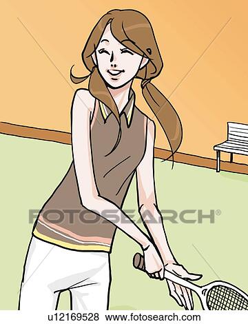 Stock Illustration - Woman smiling and playing tennis, front view, Illustrative Technique. Fotosearch