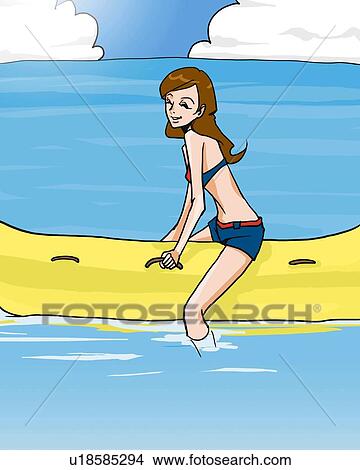 Woman smiling and ridding on a yellow boat in the sea, side view, Illustrative Technique View Large Illustration Stock Illustration - Woman smiling and ridding on a yellow boat in the sea, side view, Illustrative Technique. Fotosearch
