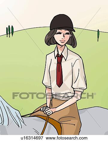 Stock Illustration - Woman smiling and riding on a horse, front view, Illustrative Technique. Fotosearch