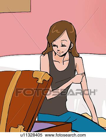 Woman smiling and sitting in front of a suitcase in hotel room, front view, Illustrative Technique View Large Illustration Stock Illustration - Woman smiling and sitting in front of a suitcase in hotel room, front view, Illustrative Technique. Fotosearch
