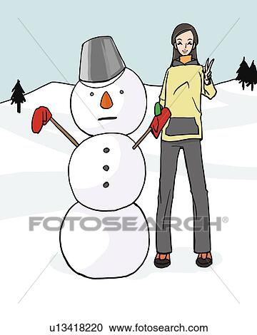 Woman smiling and standing next to a snowman, front view, Illustrative Technique View Large Illustration Clipart - Woman smiling and standing next to a snowman, front view, Illustrative Technique. Fotosearch