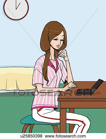 Stock Illustration - Woman smiling and using a laptop in bedroom, side view, Illustrative Technique. Fotosearch