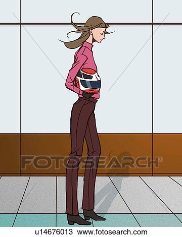 Woman standing and holding a helmet, side view, Illustrative Technique