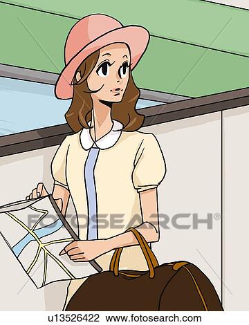 Drawing - Woman standing and holding bag and map, front view, Illustrative Technique. Fotosearch