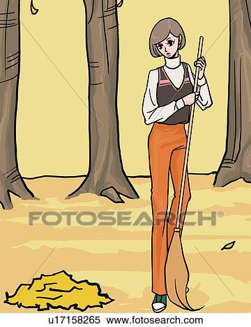 Woman sweeping up dead leaves with a bamboo broom, front view, Illustrative Technique View Large Illustration Stock Illustration - Woman sweeping up dead leaves with a bamboo broom, front view, Illustrative Technique. Fotosearch