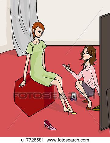 Clip Art - Woman talking with female clerk in shoe store and trying on shoes, side view, Illustrative Technique. Fotosearch