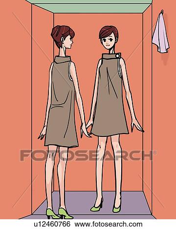 Woman trying dress on in fitting room, reflection of the mirror, rear view, Illustrative Technique View Large Illustration Stock Illustration - Woman trying dress on in fitting room, reflection of the mirror, rear view, Illustrative Technique. Fotosearch