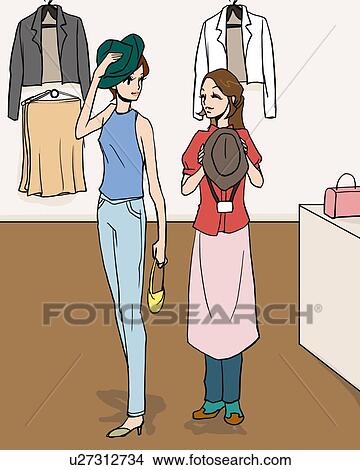 Stock Illustration - Woman trying on a hat in store, front view, Illustrative Technique. Fotosearch