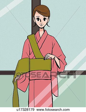 Stock Illustration - Woman tying up the sash of Kimono, reflection of the mirror, front view, Illustrative Technique. Fotosearch