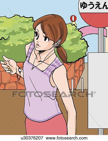 Woman waiting a bus at the bus stop, front view, Illustrative Technique View Large Illustration Stock Illustration - Woman waiting a bus at the bus stop, front view, Illustrative Technique. Fotosearch