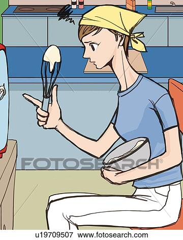 Stock Illustration - Woman watching TV and holding bowl and whisk in kitchen, side view, Illustrative Technique. Fotosearch