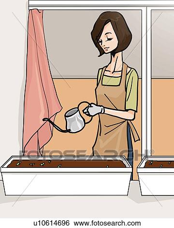 Stock Illustration - Woman watering plant with watering can, front view, Illustrative Technique. Fotosearch
