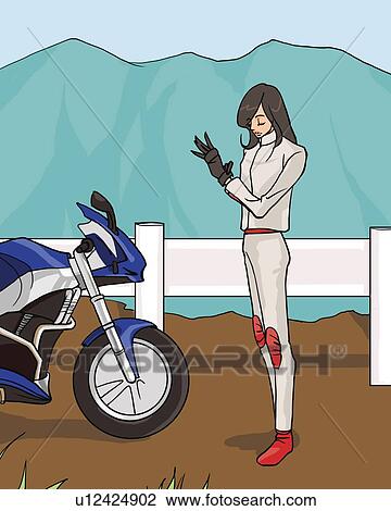 Woman wearing gloves and standing beside a motorcycle, side view, Illustrative Technique View Large Illustration Drawing - Woman wearing gloves and standing beside a motorcycle, side view, Illustrative Technique. Fotosearch