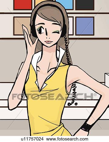Stock Illustration - Woman wearing headphone and listening to music in record store, winking, front view, Illustrative Technique. Fotosearch