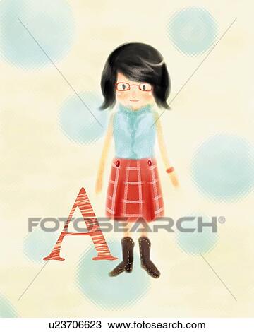 Drawing - A-blood-type woman with glasses, front view. Fotosearch